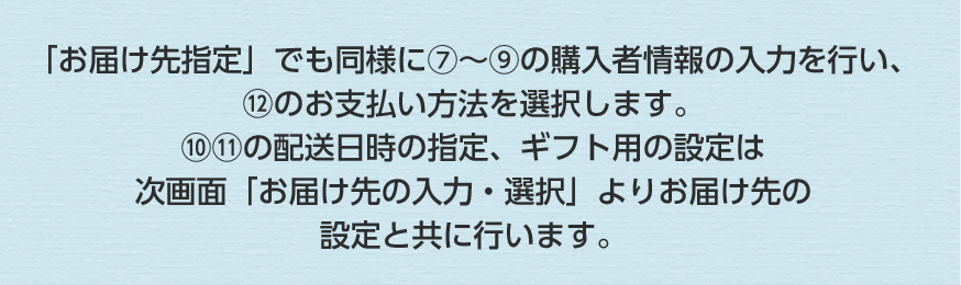 「お届け先指定」でも同様に⑦～⑲の購入者情報の入力を行い、⑫のお支払い方法を選択します。⑩⑪の配送日時の指定、ギフト用の設定は次画面「お届け先の入力・選択」よりお届け先の設定と共に行います。